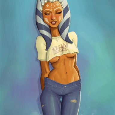 1girls, ahsoka tano, alien, alien girl, alternate costume, areolae, arms behind back, artist name, blue background, blue clothing, blue pants, blush, breasts, clc1997, clone wars