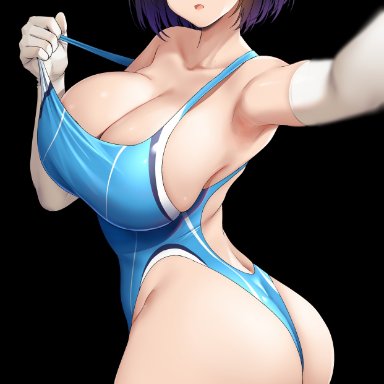 1girls, ass, bangs, black hair, blue eyes, blue swimsuit, blurry, breasts, cleavage, clothes pull, collarbone, depth of field, elbow gloves, eyebrows visible through hair, female