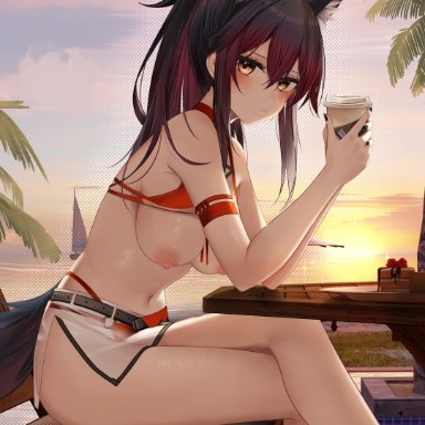 alternative costume, animal ear fluff, animal ears, arknights, arm strap, armband, bare legs, bare shoulders, belt, bikini, black hair, black nails, boat, breasts, cake