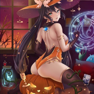 alternate costume, ass, clothed, clothing, genshin impact, halloween, hat, mona (genshin impact), ryuuneart, sideboob, tagme