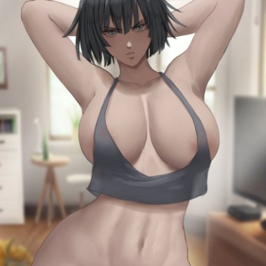 1girls, areolae, armpits, arms behind head, big breasts, bottomless, breasts, eye contact, female, fubuki (one-punch man), large breasts, looking at viewer, medium hair, one-punch man, revealing clothes