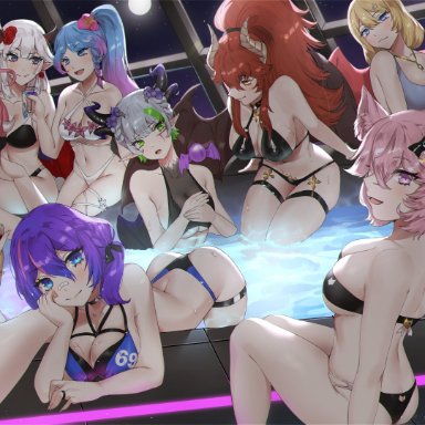 bikini, cat girl, demon girl, dragon girl, froot, hime hajime, ironmouse, lich, lost phews, melody (projektmelody), nyatasha nyanners, pool, projektmelody, silvervale, succubus