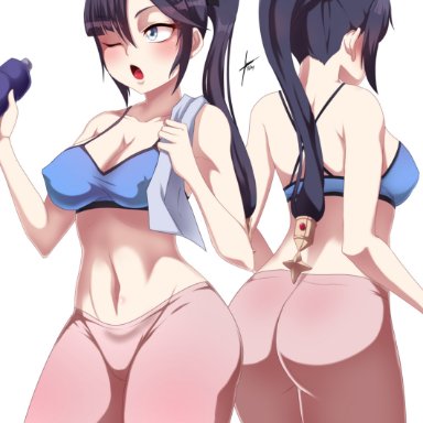 1girls, ass, breasts, cleavage, clothed, clothing, female, female only, genshin impact, gym clothes, leggings, midriff, mona (genshin impact), ponytail, sports bra