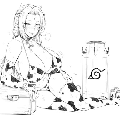 1girls, animal ears, animal print, arm support, bell, bikini, blush, bottle, bovine, breasts, cleavage, cow ears, cow girl, cow horns, cow print