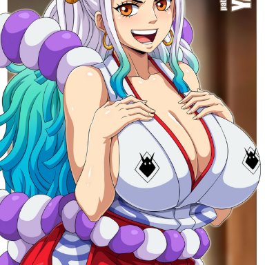 1girls, bangs, bare shoulders, big breasts, blue hair, breasts, character name, cleavage, curvaceous, curvy, curvy figure, demon horns, earrings, eye contact, eyelashes