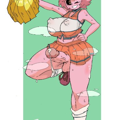 1futa, balls, becku, big breasts, big penis, black sclera, breasts, cheerleader, cheerleader uniform, clothed, clothing, erect nipples under clothes, erection, eye contact, futa only