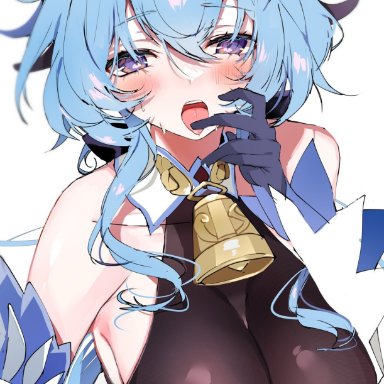 adeptus, big breasts, blue hair, breasts, chinese clothes, cowbell, ganyu (genshin impact), genshin impact, horns, nipples, purple eyes, qilin, sukiyaki, tight clothing, tongue