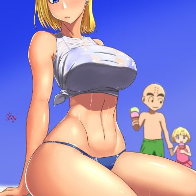 1boy, 2018, 2girls, android 18, artist name, bald, bare arms, bare shoulders, bikini, bikini under clothes, blonde hair, blue bikini, blue eyes, breasts, dragon ball