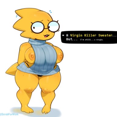 alphys, anthro, belly, big breasts, bodily fluids, breasts, buckteeth, clothed, clothing, curvy figure, dialogue, english text, exposed breasts, eyewear, female