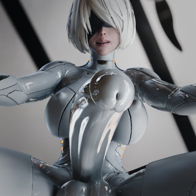 1futa, 3d, balls, big breasts, big penis, blindfold, bodysuit, breasts, erect penis, erection, futa only, futanari, huge cock, light-skinned futanari, light skin