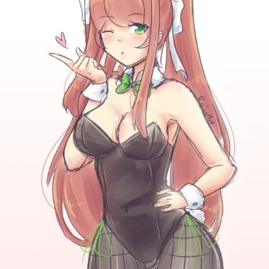 1girls, alternate costume, alternate hairstyle, big breasts, blowing kiss, blush, breasts, brown hair, bunny ears, bunnysuit, busty, cleavage, covered navel, doki doki literature club, female