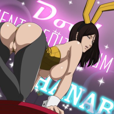 1girls, aged up, all fours, alternate breast size, ass, ass cutout, bent over, brown hair, bunny ears, bunny girl, bunny tail, bunnysuit, character name, corset, detached sleeves