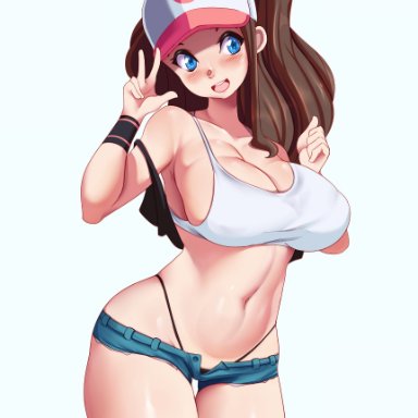 1girls, big breasts, blue eyes, blush, breasts, brown hair, busty, curvy figure, daisy dukes, hat, hi res, high resolution, highres, hilda (pokemon), long hair