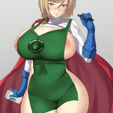 1female, 1girls, absurd res, areolae, aster crowley, bare legs, big breasts, blonde hair, blue eyes, blush, breasts, breasts out of clothes, busty, cape, cleavage