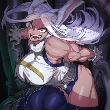 big breasts, bunny ears, bunny girl, dark-skinned female, dark skin, kugara4423, miruko, muscular, muscular arms, muscular female, muscular thighs, my hero academia, red eyes, thick thighs, white hair