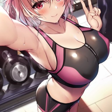 1girls, arm up, armpit, armpits, bangs, bare shoulders, black footwear, blush, breasts, cleavage, closed mouth, dumbbell, eyebrows visible through hair, female, female focus