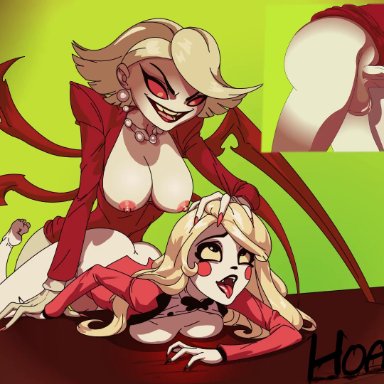 1futa, 1girls, ahe gao, animated, animated gif, ass, black lipstick, blonde hair, bottomless, bow tie, bowtie, breasts, breasts outside, charlie magne (hazbin hotel), cheating