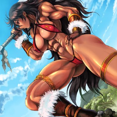 1girl, abs, amazonian, ass, ass visible through thighs, barbarian, berserk, biceps, big sword, bikini, brown boots, brown hair, casca (berserk), cleavage, confident