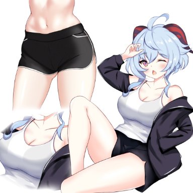 adeptus, big breasts, blue hair, breasts, cleavage, exercise clothing, ganyu (genshin impact), genshin impact, horns, midriff, navel, penguin uwu, purple eyes, qilin, thighs