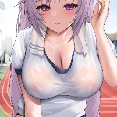 1girls, big breasts, blush, breasts, cameltoe, genshin impact, hyouuma, keqing (genshin impact), purple eyes, purple hair, school uniform, soaked, thick thighs, thighs, tight clothing