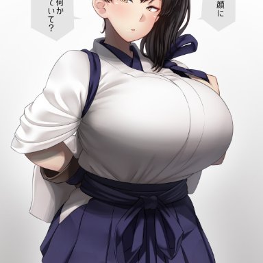 arms behind back, bangs, big breasts, black legwear, black thighhighs, brown hair, dialogue, female, female only, fully clothed, gloves, hakama, hakama skirt, huge breasts, japanese clothes