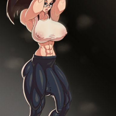 1futa, abs, adjusting hair, areolae, ball bulge, balls, balls under clothes, biceps, black legggings, breasts, brown hair, bulge, cameltail, erect nipples, erection under clothes