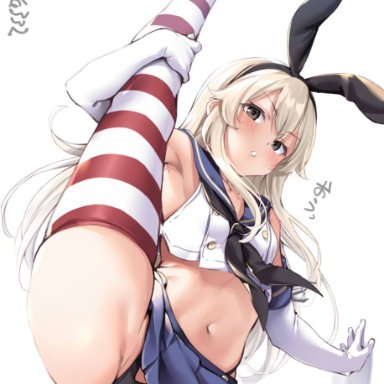 armpit, black thong, blonde hair, bunny ears, crop top, ebifurya, female, female only, gloves, grey eyes, hairbow, kantai collection, leg lift, leg up, long gloves