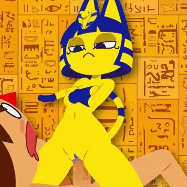 1boy, 1girls, animal crossing, animal crossing boy, animal ears, animated, ankha, ankha ride (minus8), anthro, blue hair, cat tail, cowgirl position, crossed arms, female, femdom