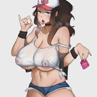 1girls, alternative bust size, areola slip, areolae, artist name, baseball cap, blue eyes, blush, breast slip, breasts, breath, brown hair, choker, clavicle, condom