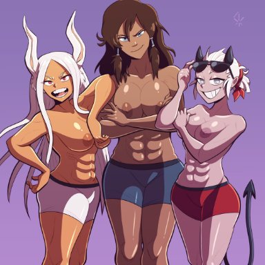 3girls, abs, areolae, arm on shoulder, arms under breasts, artist signature, avatar the last airbender, bandana, biceps, big breasts, bike shorts, blue eyes, breast squish, breasts, brown hair