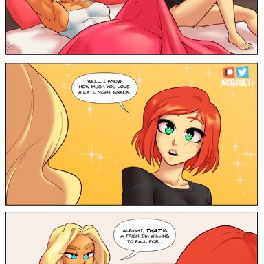 2girls, ass, bed, beverly (nortuet), big breasts, blonde hair, blue eyes, breasts, closed eyes, comic, cunnilingus, curvy, english text, female focus, female only