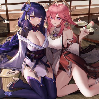 2girls, big breasts, blue hair, cake, dango, dessert, food, genshin impact, hair ornament, heels, high heels, japanese clothes, large breasts, looking at viewer, raiden shogun