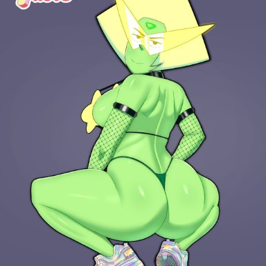 big ass, big breasts, big butt, cartoon network, coldarsenal, female, female only, gem (species), green body, looking at viewer, looking back, peridot (steven universe), sneakers, steven universe, steven universe future