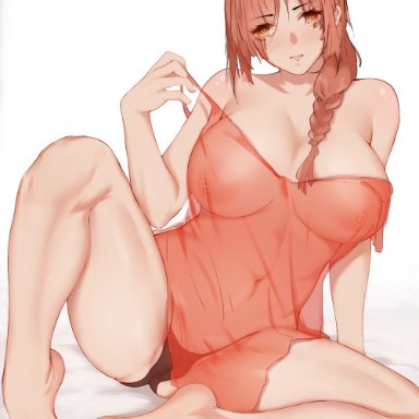 alternate breast size, alternate costume, bangs, bare legs, barefoot, black panties, blush, braid, braided ponytail, breasts, brown hair, chainsaw man, closed mouth, commentary request, covered navel