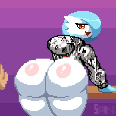 1girls, 2021, ahegao shirt, ahegao sweater, animated, ass, ass jiggle, big ass, big butt, blinking, blue body, blue skin, bottom heavy, bottomless, commission