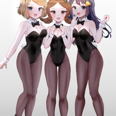 2020, 3girls, :d, animal ears, armpits, ass visible through thighs, black hairband, black leotard, blonde hair, blue eyes, blue hair, bow, bowtie, breast suppress, brown eyes