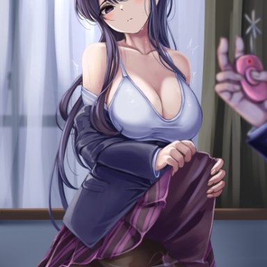 1girls, big breasts, blush, bra, femsub, komi-san wa komyushou desu, komi shouko, monikano, offscreen character, pussy juice, pussy juice trail, remote control, remote control vibrator, skirt lift, submissive female