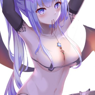 1girls, blue eyes, blue hair, breasts, bunny ears, demon, demon girl, demon wings, genshin impact, kamisato ayaka, lingerie, micro bikini, midriff, navel, succubus