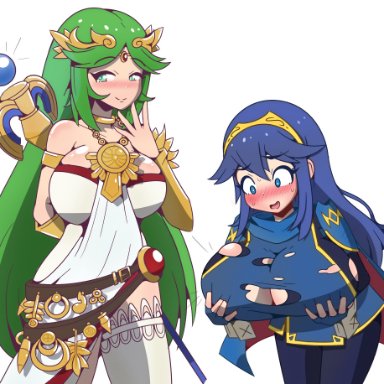 2girls, alternate breast size, blue eyes, blue hair, blush, breast expansion, breasts, chavez, cleavage, clothing, colorized, embarrassed, female only, fire emblem, fire emblem awakening