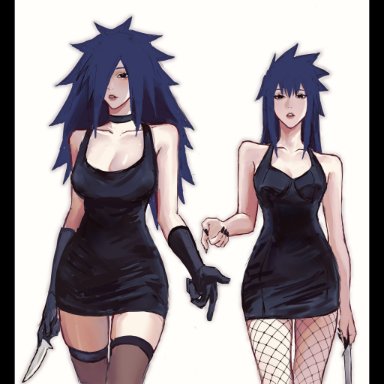 2girls, age difference, alternate breast size, bare arms, bare shoulders, black eyes, black gloves, black nail polish, black nails, blue hair, breast size difference, breasts, cleavage, clothed, clothing