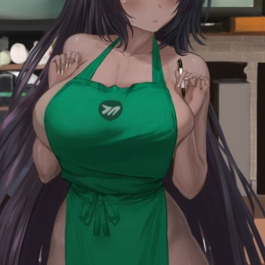 1girls, 2021, ahoge, apron, apron only, b-pang, barista, black hair, blue archive, blush, breasts, brown skin, cleavage, dark-skinned female, dark skin