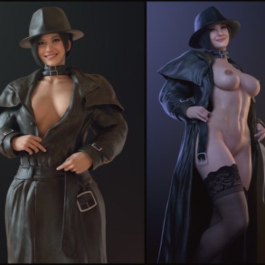 1girls, 3d, abs, ada wong, areolae, athletic, athletic female, batesz, big breasts, blender, breasts, capcom, cleavage, coat, collar