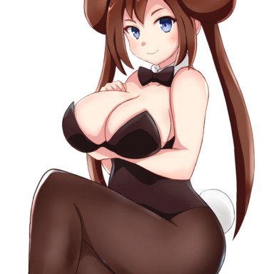 1girls, big breasts, blue eyes, bowtie, breasts, brown hair, bunnysuit, double bun, eye contact, female, leotard, looking at viewer, nintendo, pantyhose, pokemon