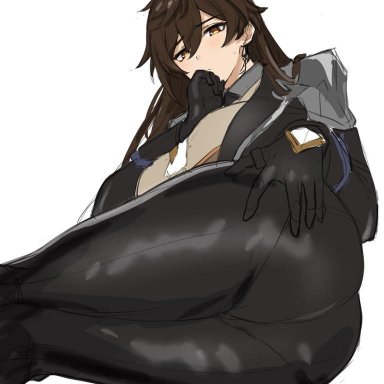 ass, bangs, black gloves, black pants, blush, breasts, brown hair, earrings, female, genderswap (mtf), genshin impact, gloves, jacket, jewelry, large breasts