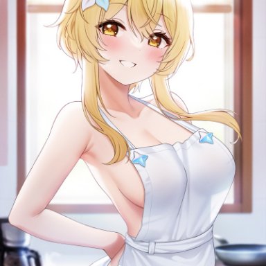 1girls, 2021, apron, arms behind back, artist name, blonde hair, blurry, blurry background, blush, breasts, cleavage, coffee maker (object), cup, egg, eyebrows visible through hair