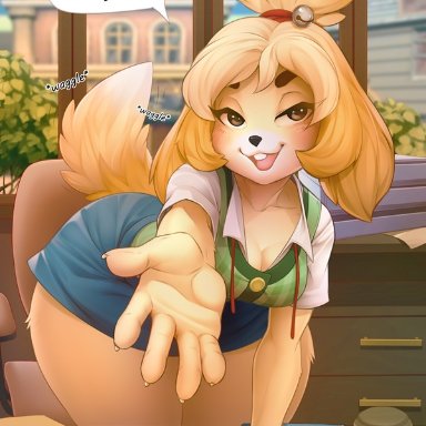 :3, animal crossing, anthro, blush, canine, cleavage, clothed, clothing, fully clothed, isabelle (animal crossing), iskra, large breasts, miniskirt, nintendo, solo