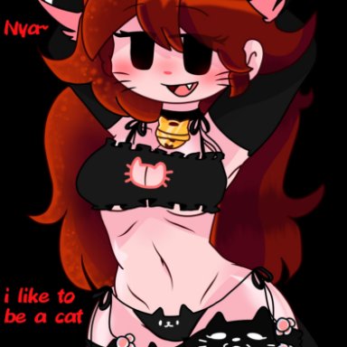 1boy, 2girls, bikini, boyfriend (friday night funkin), brown hair, cat ears, cat girl, cat tail, censored, female, female boyfriend (friday night funkin), friday night funkin, girlfriend (friday night funkin), icon, michu neko