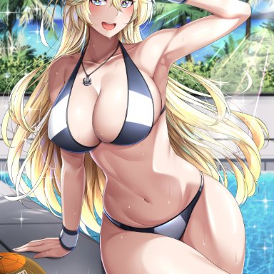 armpit, bangs, baseball cap, big breasts, bikini, blonde hair, blue eyes, cleavage, curvaceous, curvy, detailed background, female, female only, hourglass figure, iowa (kantai collection)