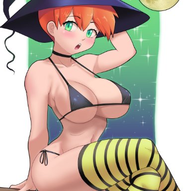 1girls, 2021, bikini, black bikini, breasts, broom riding, broomstick, crossed legs, female, female focus, female only, green eyes, gssaturday, halloween, hat