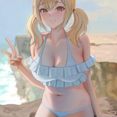 bikini bottom, fairy tail, huge breasts, lucy heartfilia, peace sign, smile, tagme, tokkihouse